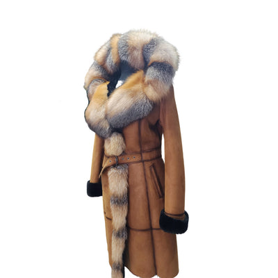 Ellie's shearling hooded coat with crystal fox fur