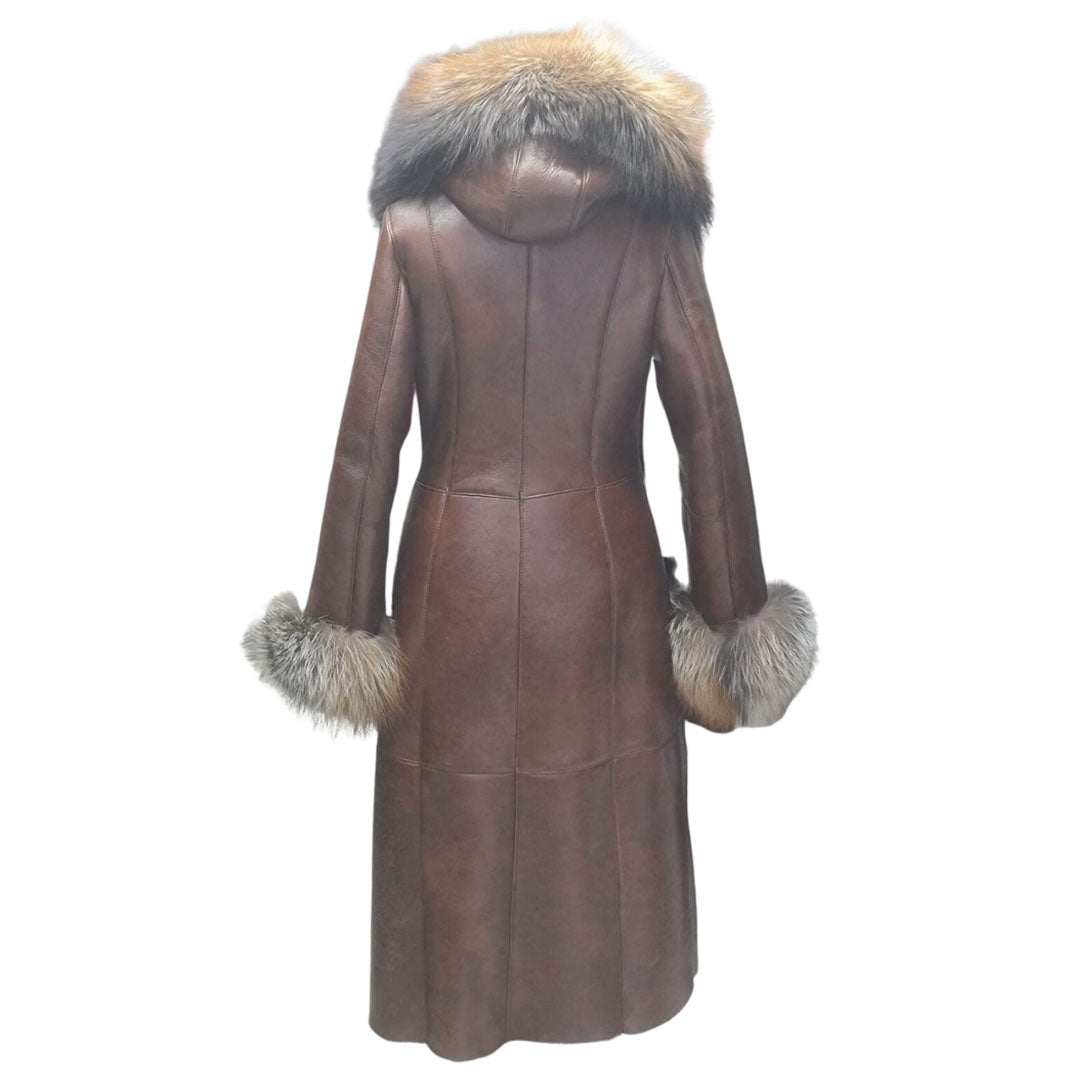 Riley brown hooded shearling coat with fox fur