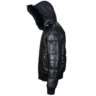 Ash Black Hooded Puffer Leather Jacket With Fur Trim