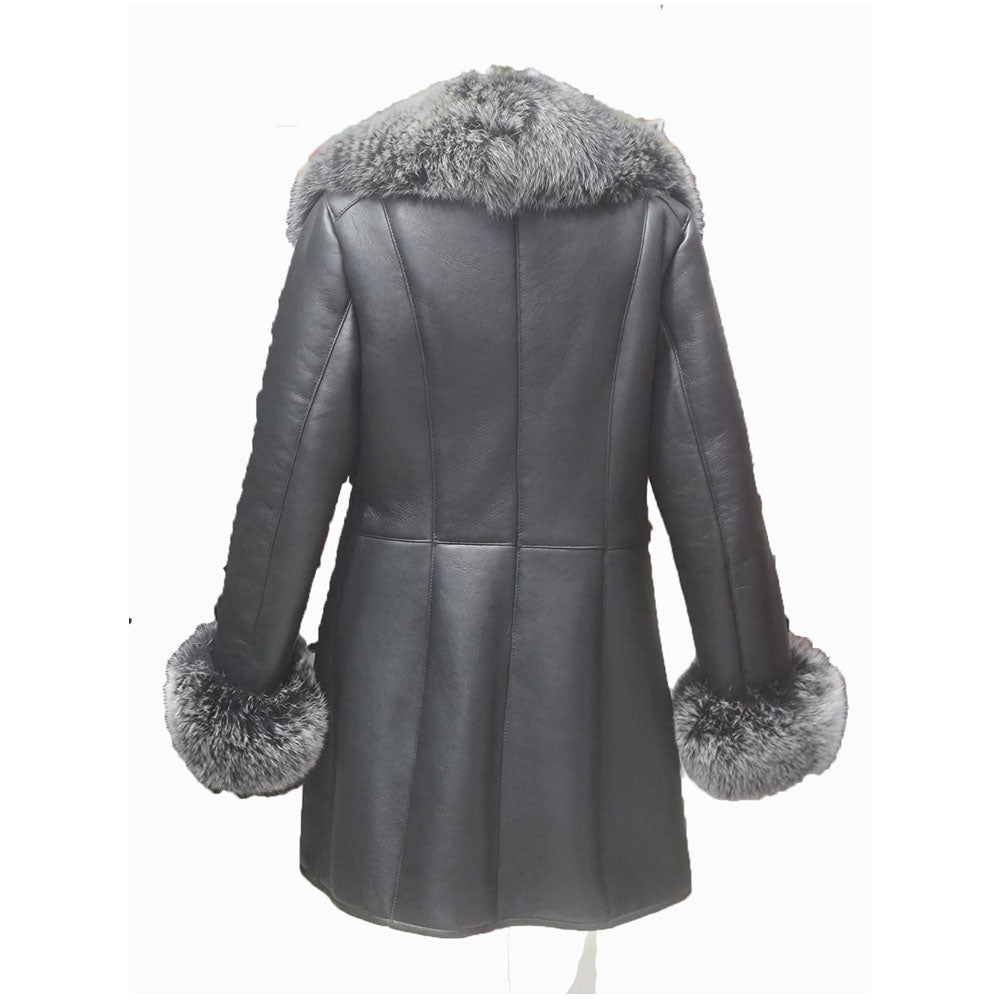 Stella black shearling coat with fox fur trim