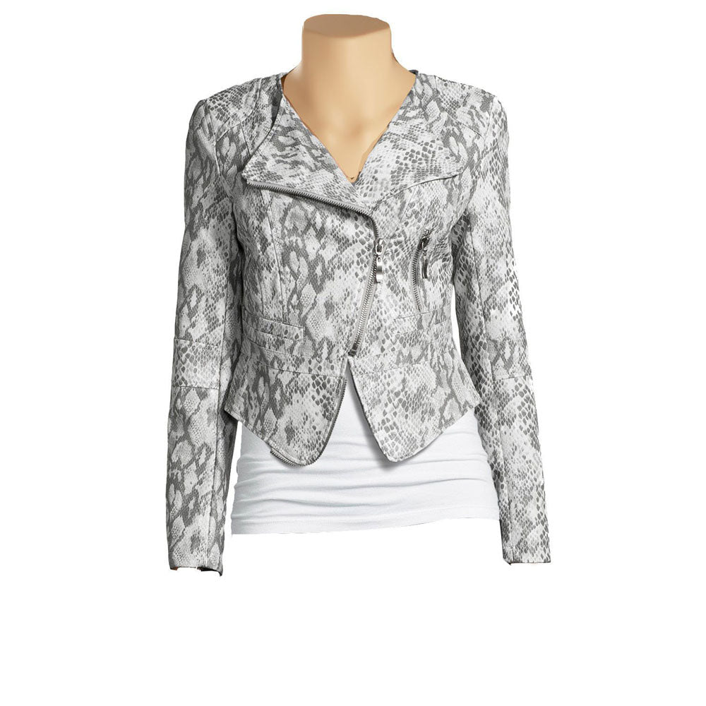 Women's grey snake print leather jacket - Lusso Leather - 1