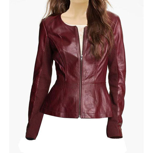 Women's maroon collarless leather jacket - Lusso Leather