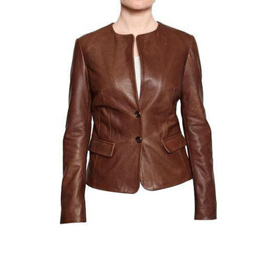 Women's Tan buttoned up leather jacket - Lusso Leather - 1