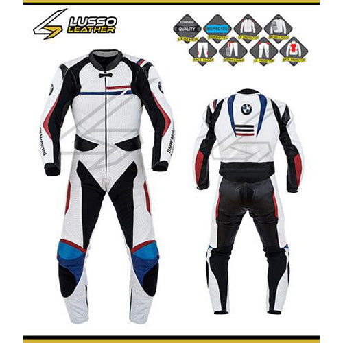 Comfortable wth Protected BMW suit in white, blue, and red