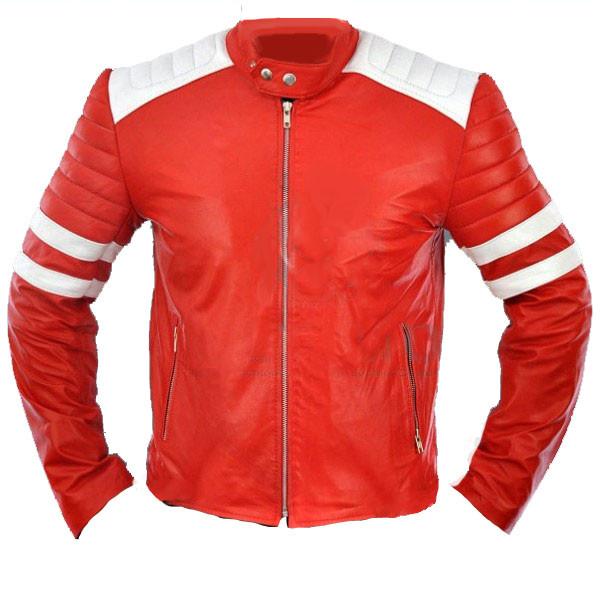 Red moto style jacket with white patches - Lusso Leather