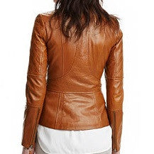 Women's stylish English Tan leather jacket with quilted patches