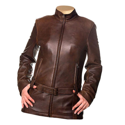Stylish Waist Belt Women's Sherry Brown Leather Jacket