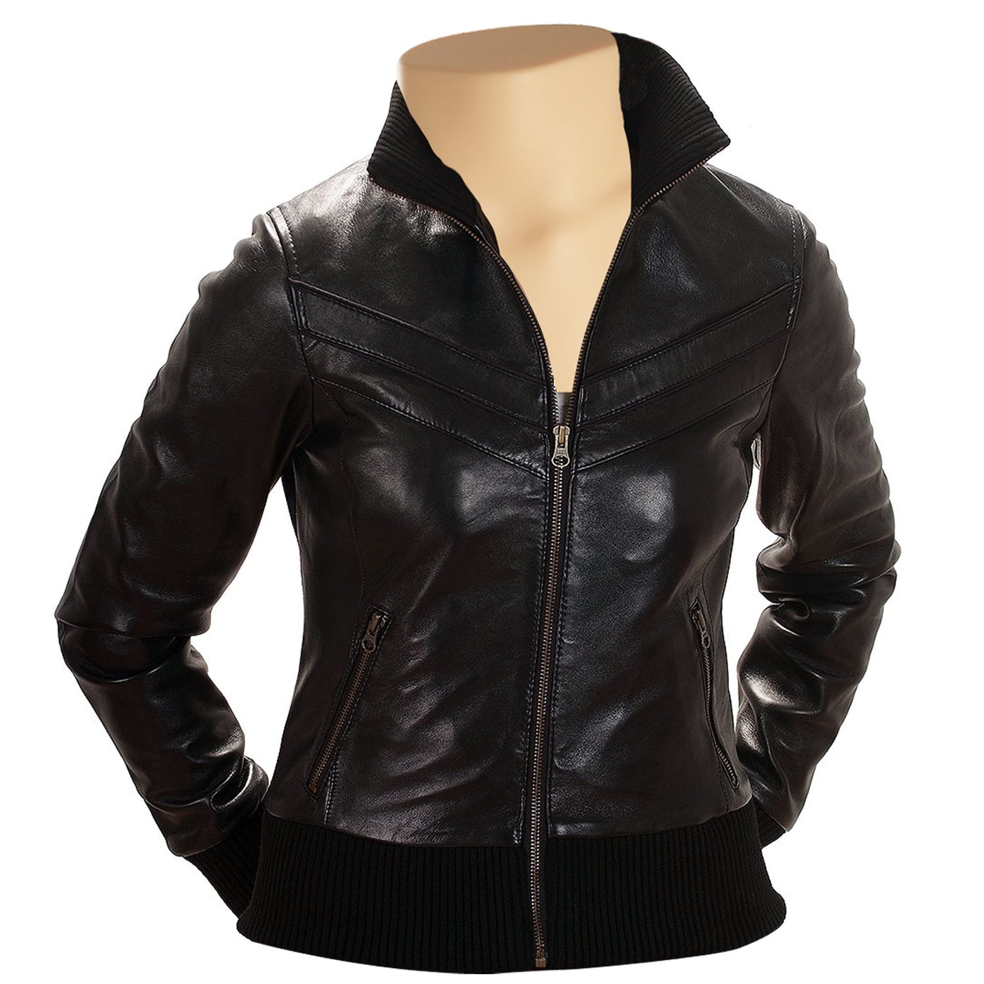 Women’s Adele Black Leather Jacket with Ribbed Collar and Hem