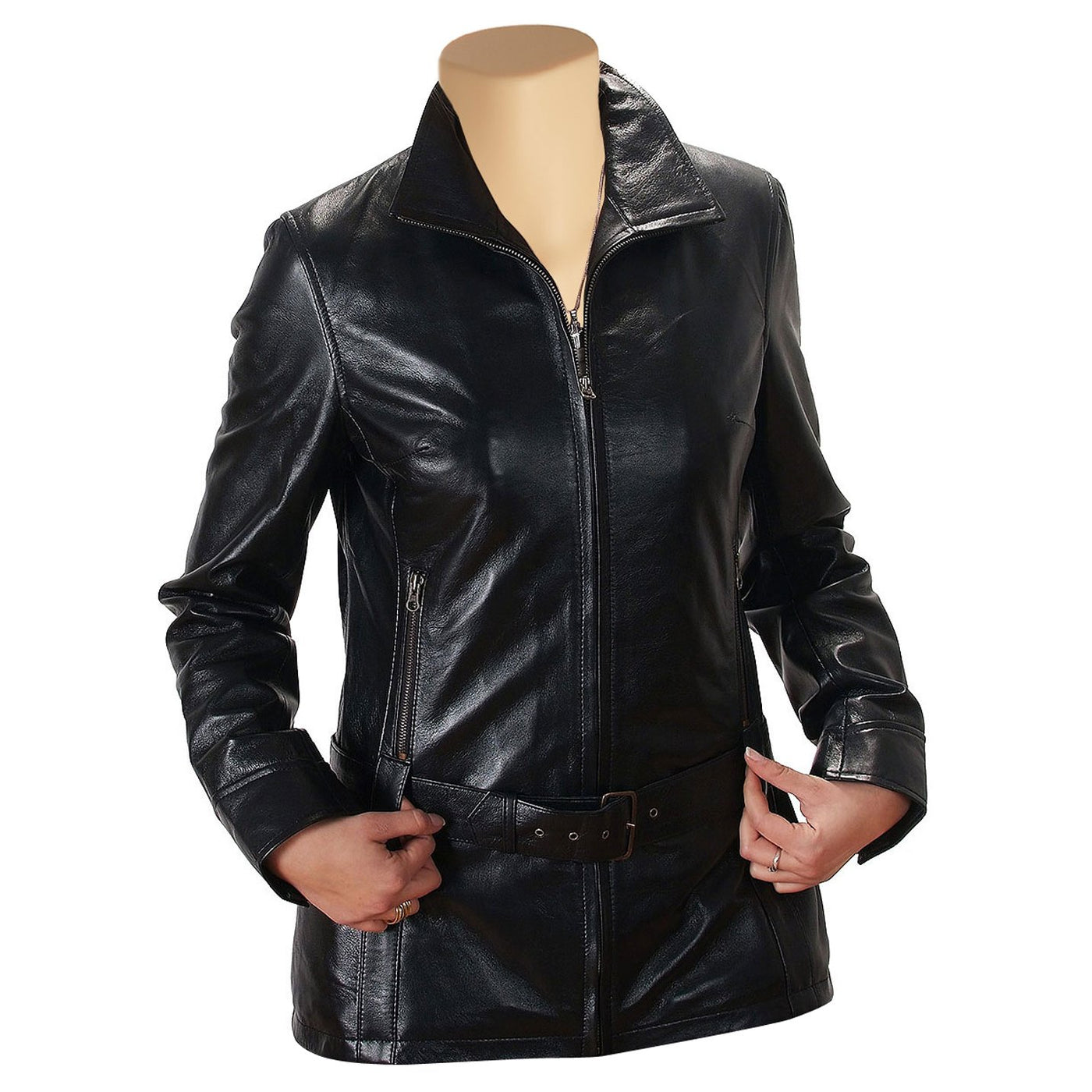 Comfortable Front Zipper Women's Donna Black Leather Jacket