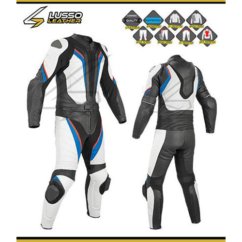 Stylish Rowland's white, black, red, and blue leather suit