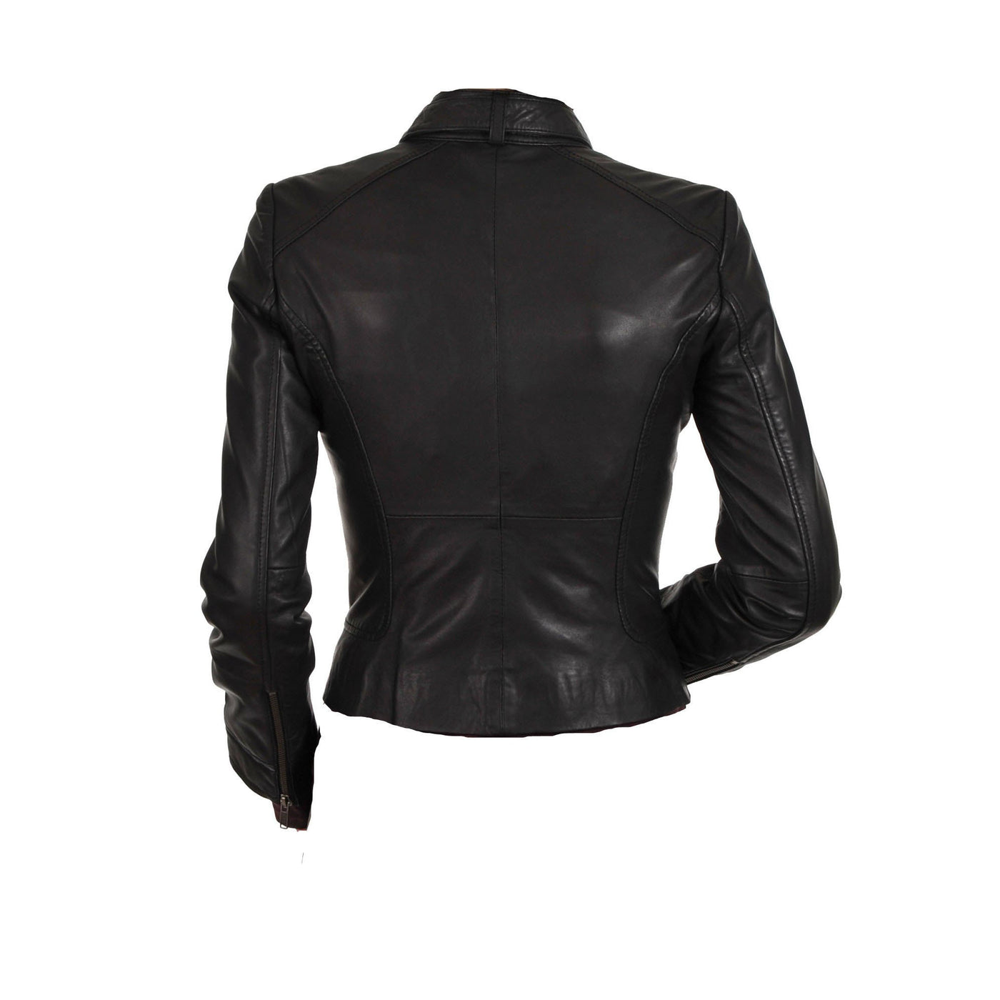 Women's black leather jacket with collar belt - Lusso Leather - 2