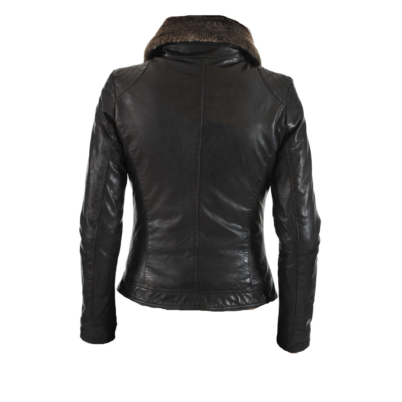 Women's black leather jacket with brown fur collar - Lusso Leather - 2