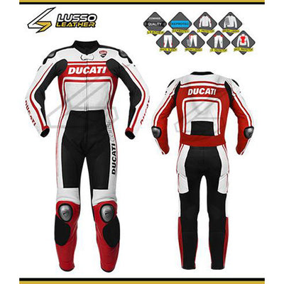 Genuine Ducati leather suit in white, black, and red