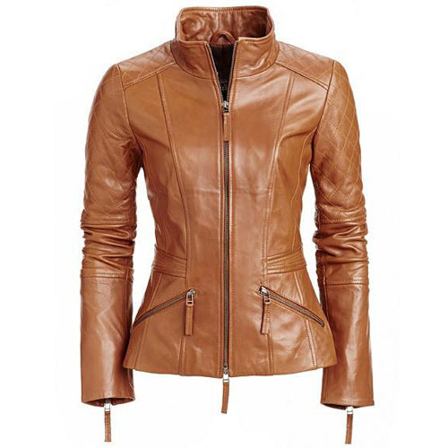 Stylish English Tan leather jacket with quilted patches