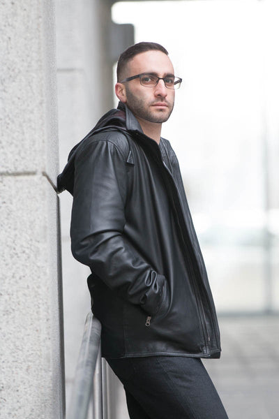 A stylish leather hooded jacket for men