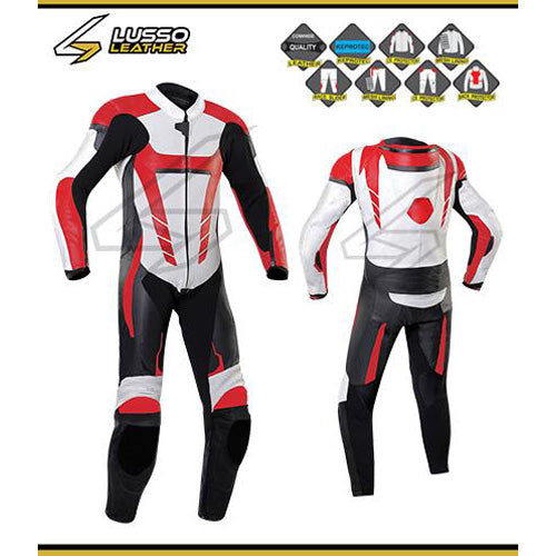 Bobbie's red, white, and black motorcycle leather suit