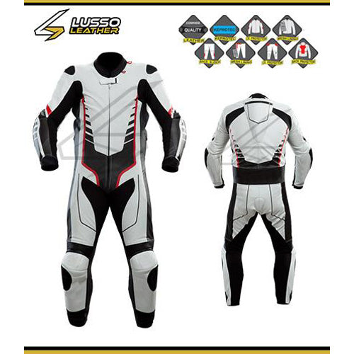 Professional Duggan's white and black leather motorcycle suit