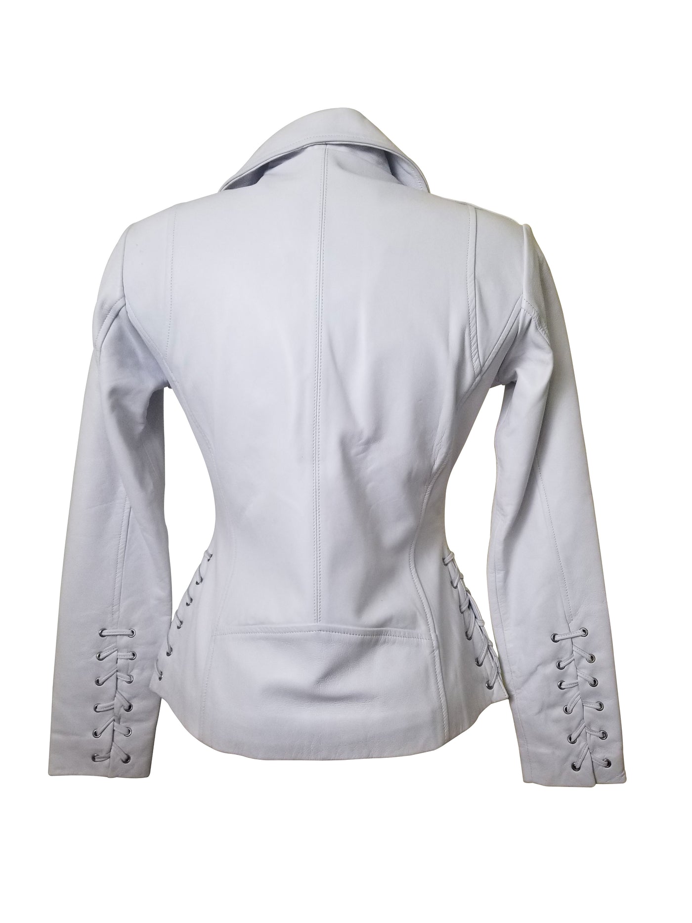Stylish Callie's white leather biker jacket