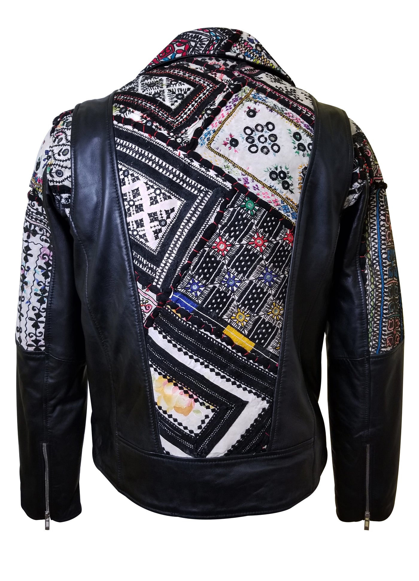 Soft Hand Embroidered Fabric Bohemian Leather Jacket