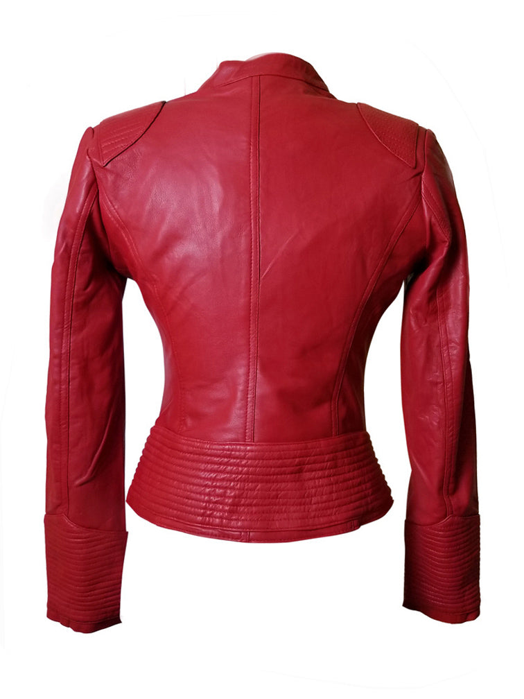 Fashionable Buttoned Collar Kirbys red leather jacket