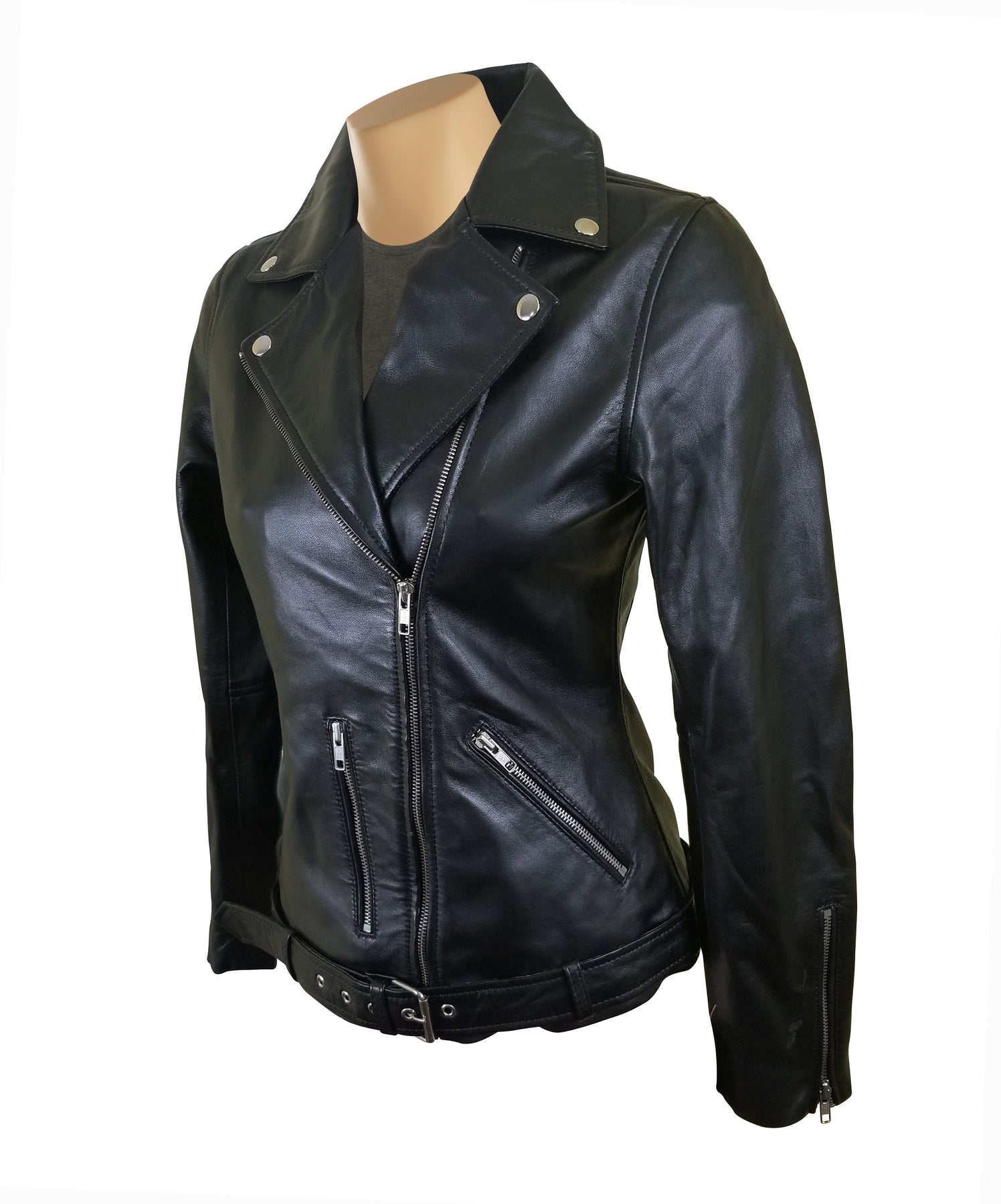 Emilie's Black Biker Style Leather Jacket with waist Belt – Lusso Leather