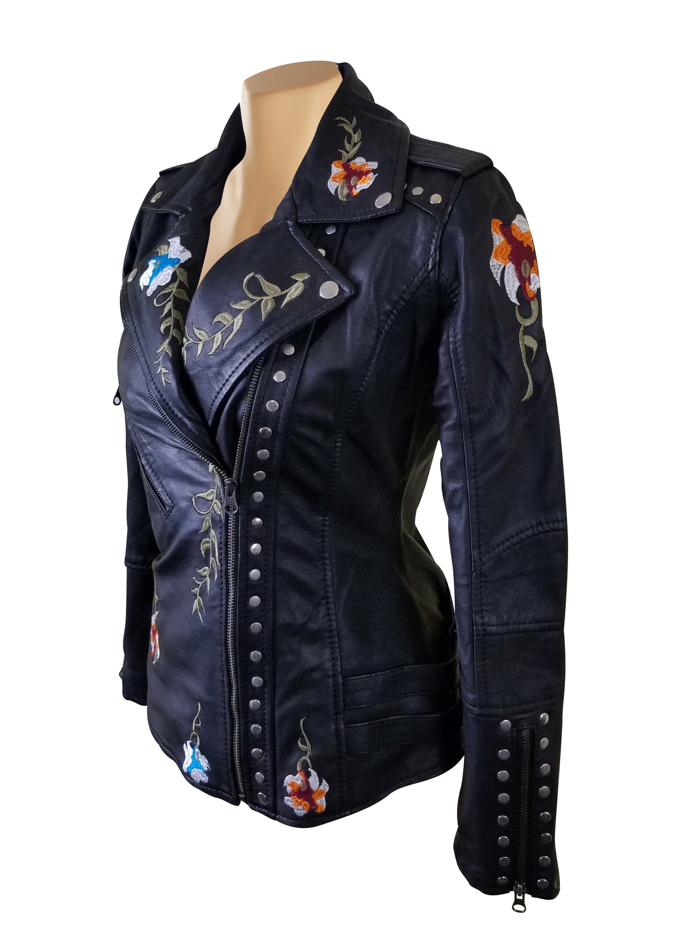 Flowery Embroidered Leather Jacket With Studs
