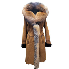 Chantal's Tan Shearling coat with large fox fur hoodie and trim