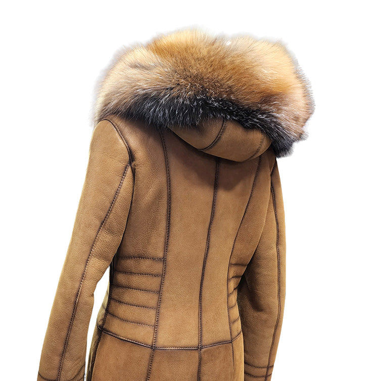 Chantal's Tan Shearling coat with large fox fur hoodie and trim