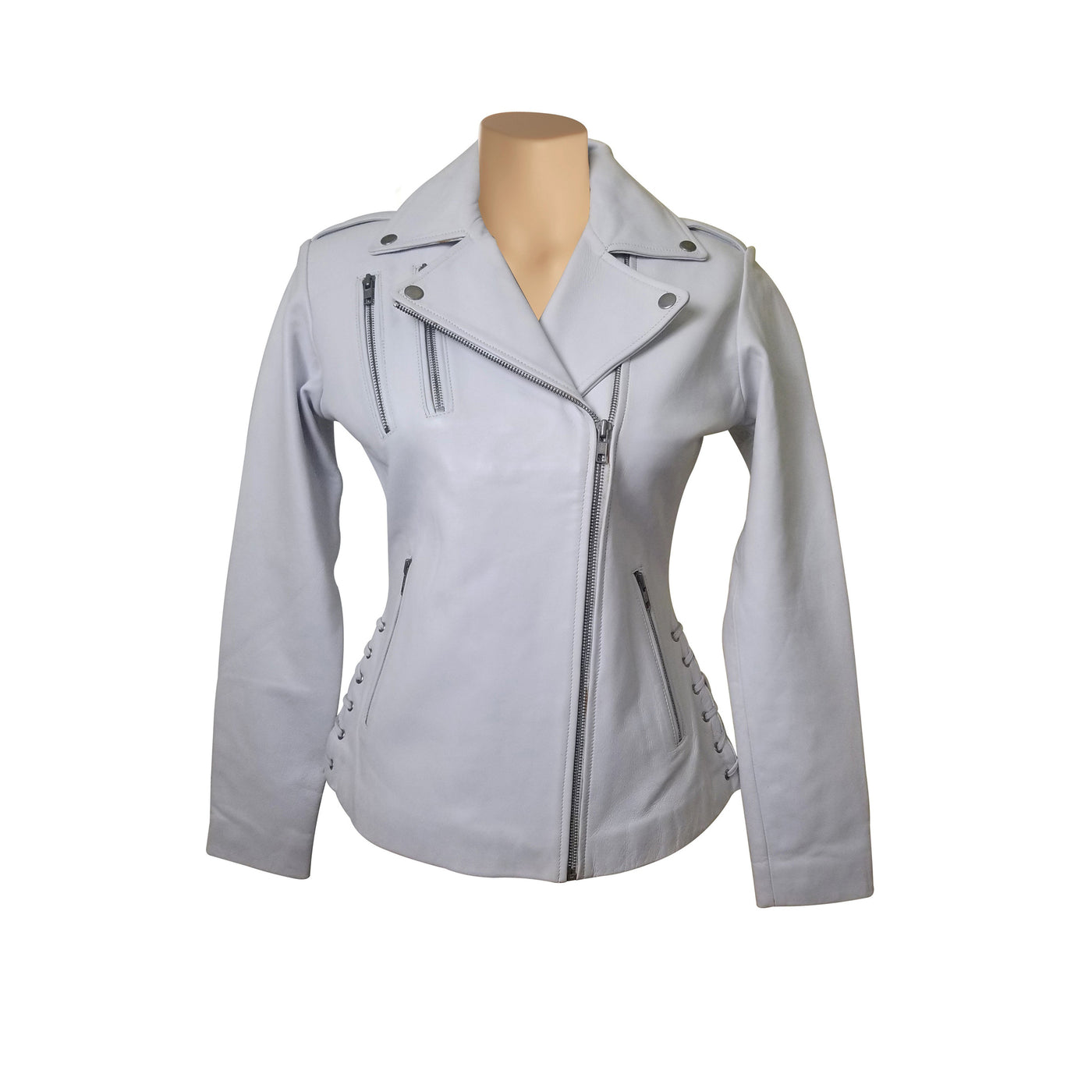 Stylish Callie's white leather biker jacket