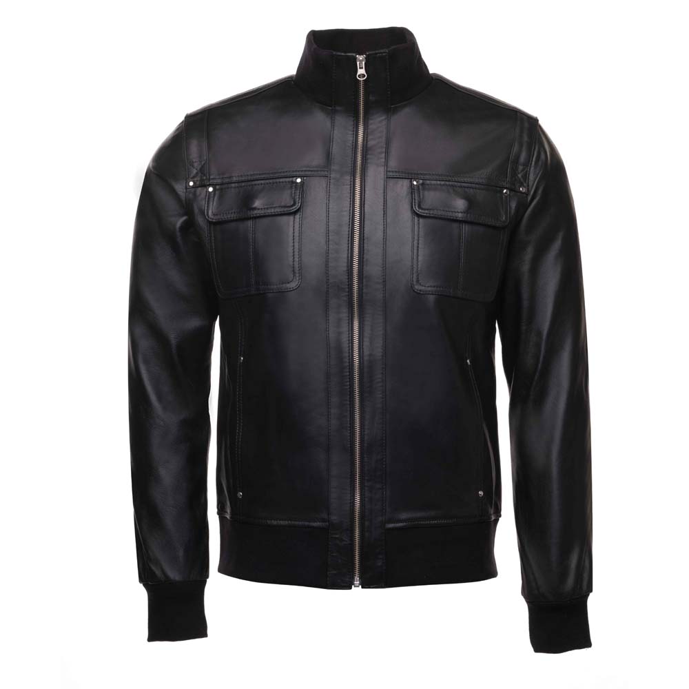 Black leather jacket with straight ribbed collar