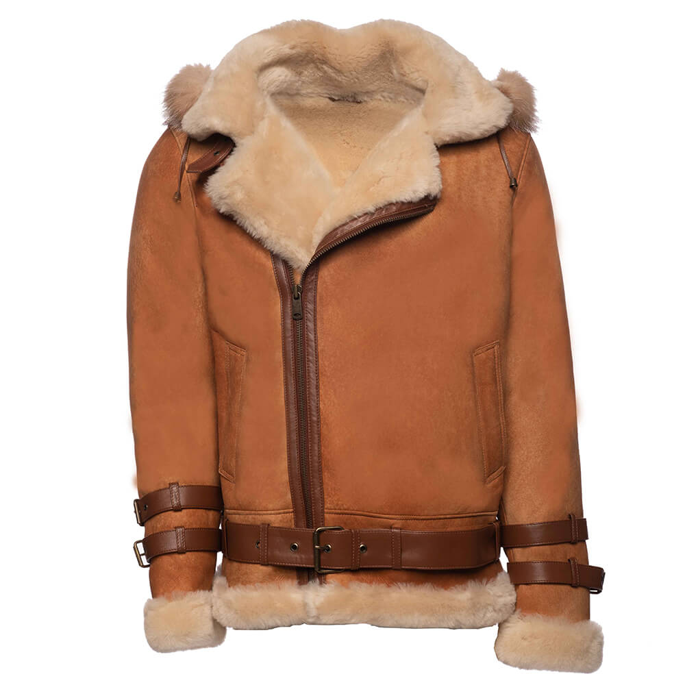 Rocco Vintage Cognac Aviator bomber shearling jacket with Fox trim hoodie