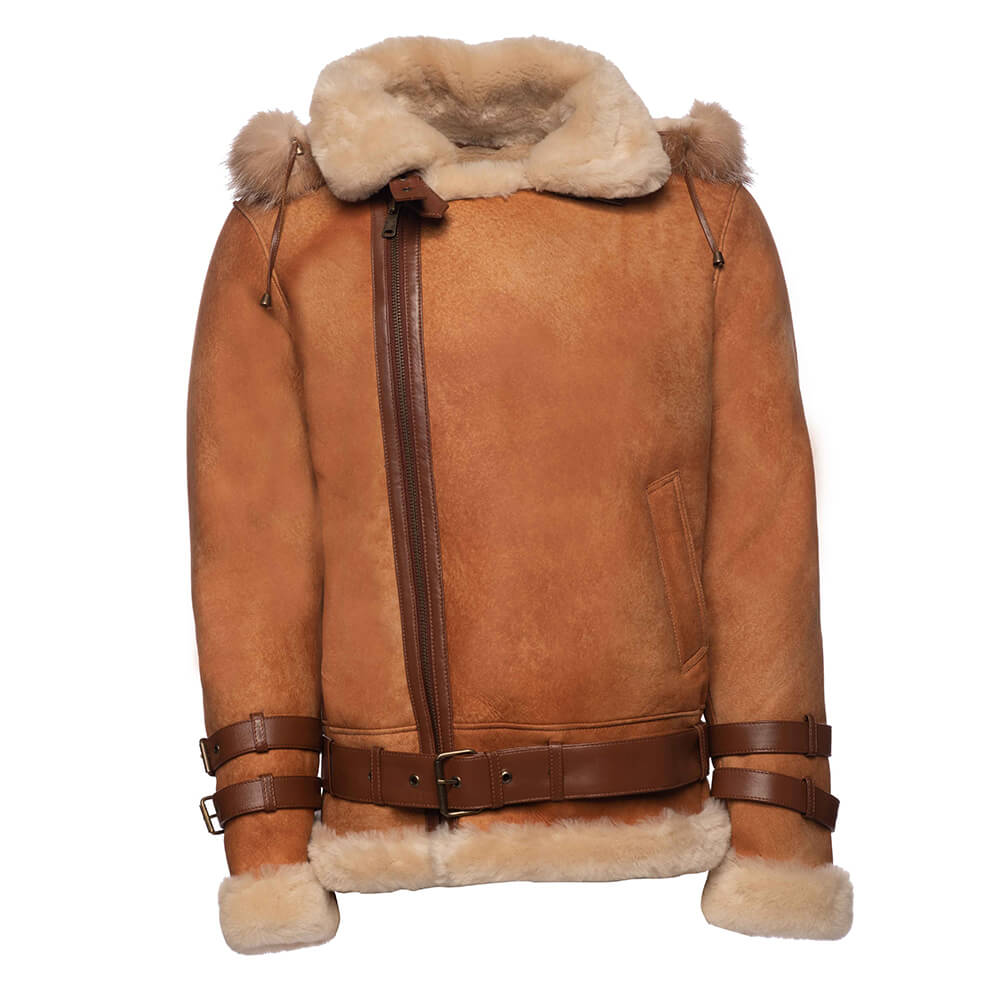 Rocco Vintage Cognac Aviator bomber shearling jacket with Fox trim hoodie