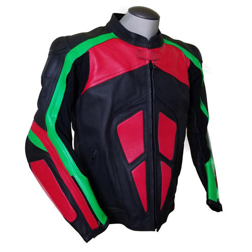 Armor Protection Red, Green, and Black Armored Motorcycle Leather Jacket