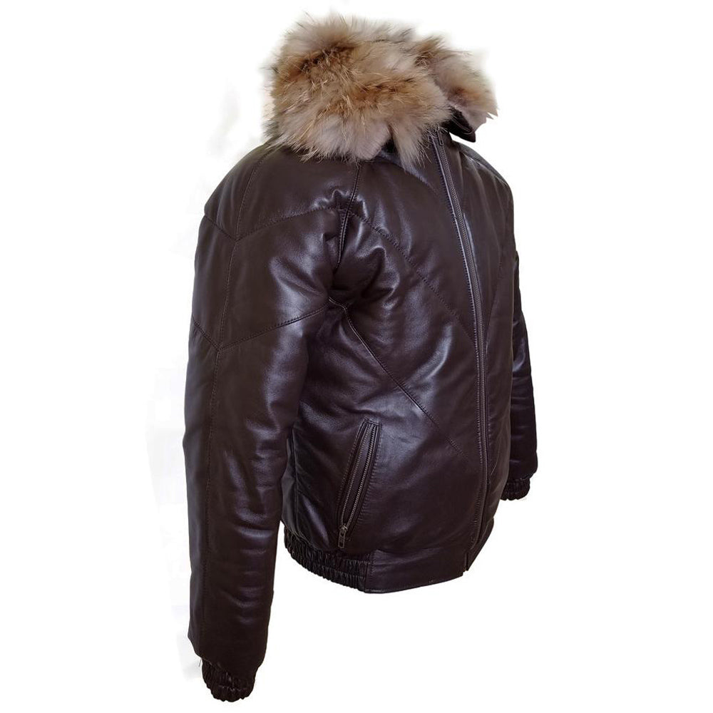 Soft Brown Puffer Leather Winter Jacket with Fur Collar