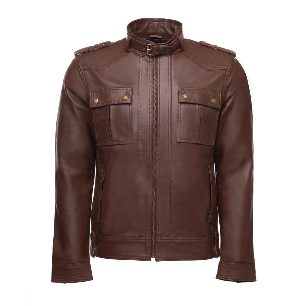 Brown leather jacket with collar belt