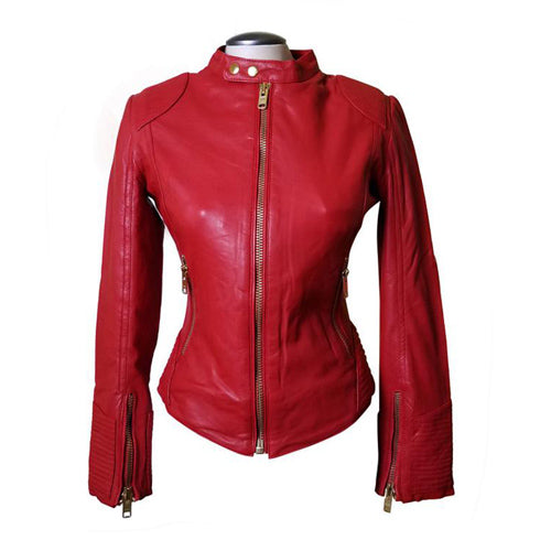 Fashionable Buttoned Collar Kirbys red leather jacket