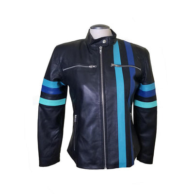 Style Stripes Kerri's blue moto leather jacket