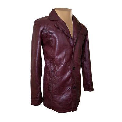 Warm Krueger's maroon buttoned leather blazer