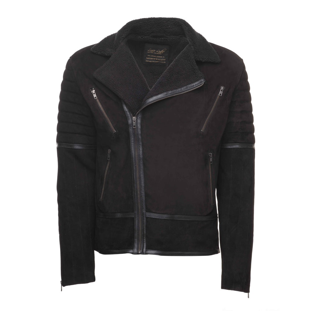 David black suede biker jacket with sherpa