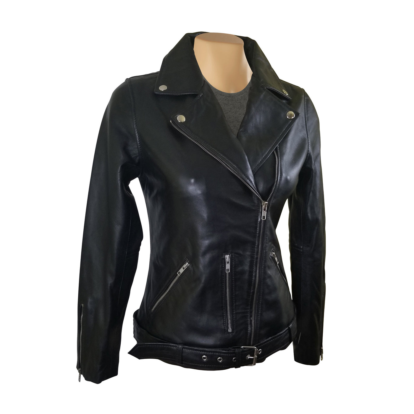Emilie's Black Biker Style Leather Jacket with waist Belt – Lusso Leather