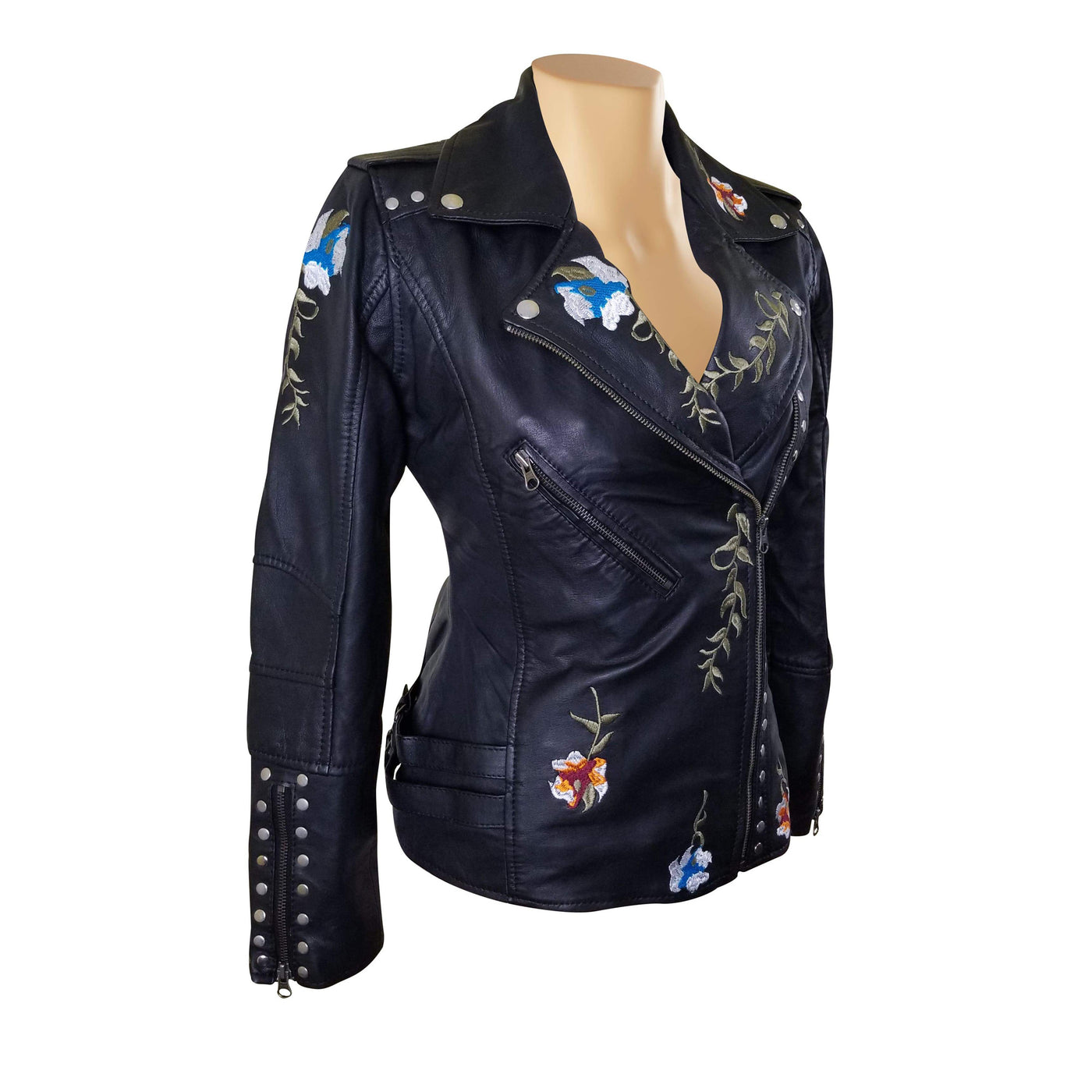 Flowery Embroidered Leather Jacket With Studs