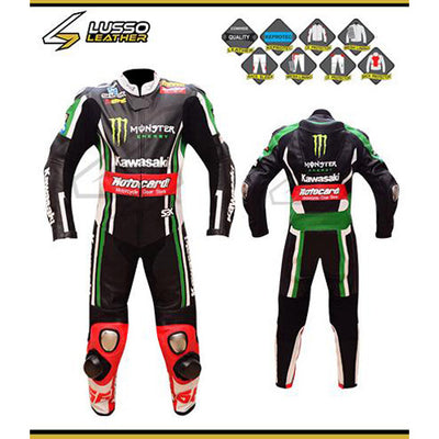 Specially Treated High Quality Kawasaki black, green, and orange motorcycle leather suit