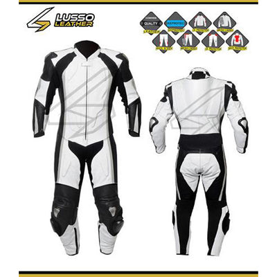 Comfortable Rowe's white and black motorcycle leather suit