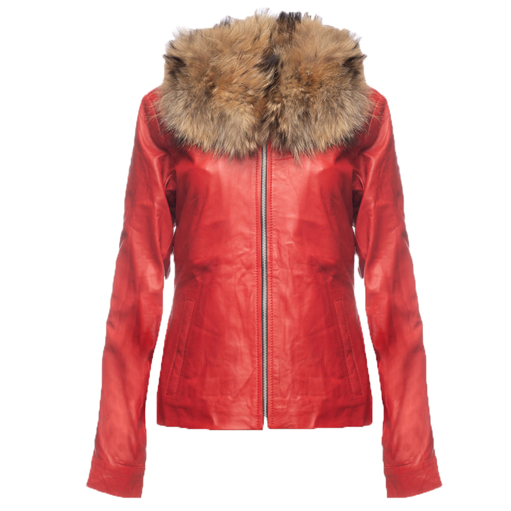Palmyra Rose Red Leather Jacket With Fur Collar
