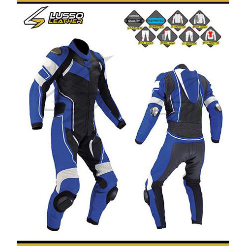 Professional Hackett's blue and black motorcycle leather suit
