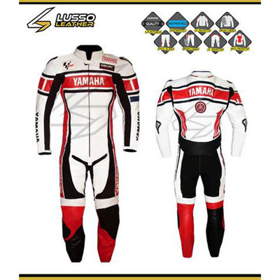 Yamaha's red, black, and white motorcycle leather suit