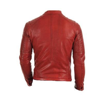 Red moto style jacket with stitching pattern - Lusso Leather - 2