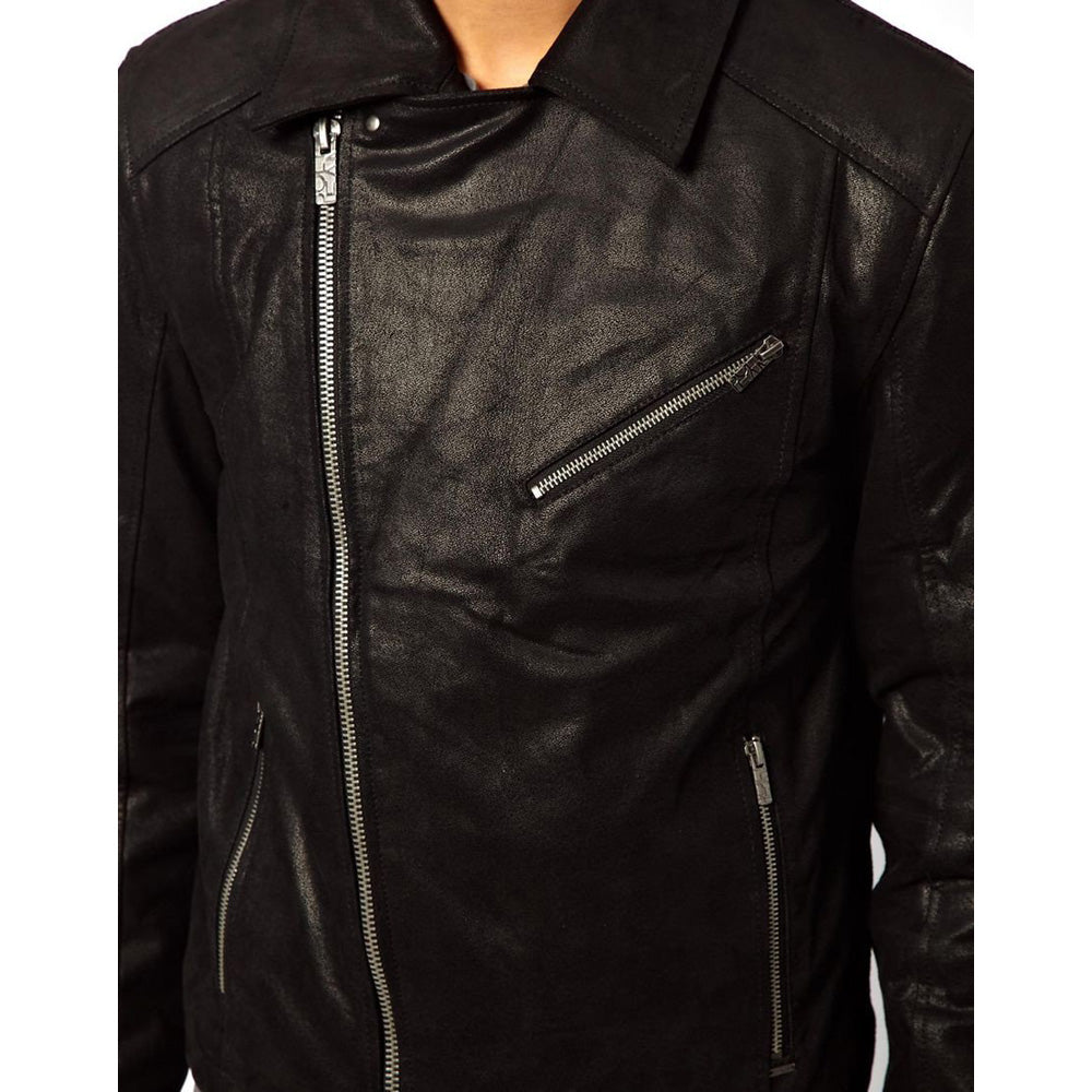 Plain black biker style jacket - Lusso Leather - 2