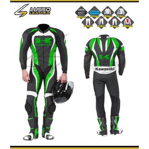 Comfortable Kawasaki motorcycle leather suit for Black, green, and white 