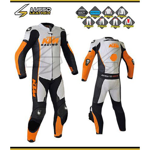 KTM leather motorcycle suit in white, black, and orange